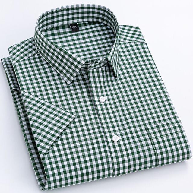 Men's Fashion Plaid Checkered Short Sleeve 100% Cotton Shirt Button-collar Holiday Youthful Striped Summer Casual Gingham Shirts
