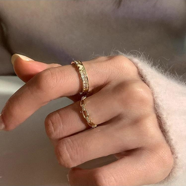Zircon Chain Love Opening Ring Female Niche Retro Personality Simple Versatile Temperament Finger Ring Popular Casual Everyday Dainty Minimalist Ring