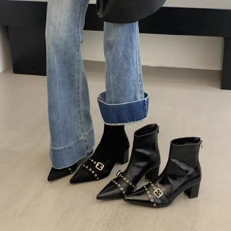 Fashion Women's 2025 Autumn Winter New Belt Buckle High Heel Booties Riveted Block Heel Pointed Toe Naked Boots