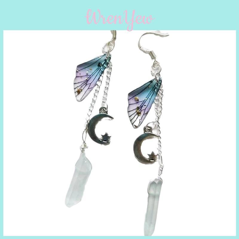 Moon And Star Quartz Crystal Butterfly Wing Hoop Earrings For Women With Silver Plating