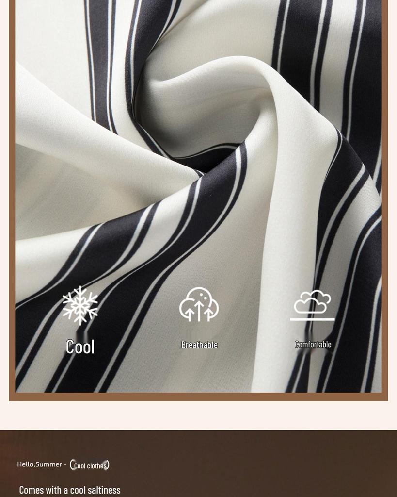 Women's Striped Thin Ice Silk Pajama Set, Long Sleeve, Spring/Autumn Style, High-End Feel for Indoors or Outdoors