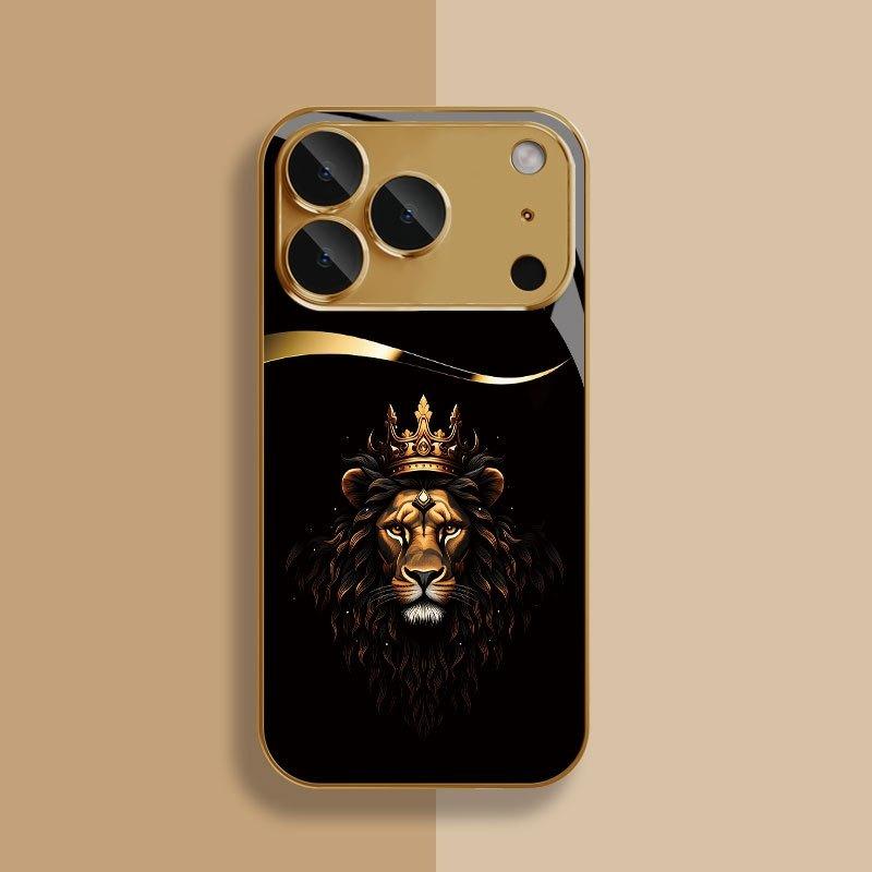 Custodia in Vetro con Fantasia Leone Corona Raffinata Vernice Metallica Oro Per iPhone 11 12 13 14 15 16 17 Pro Max 14 Plus 17 Air 16E Cover