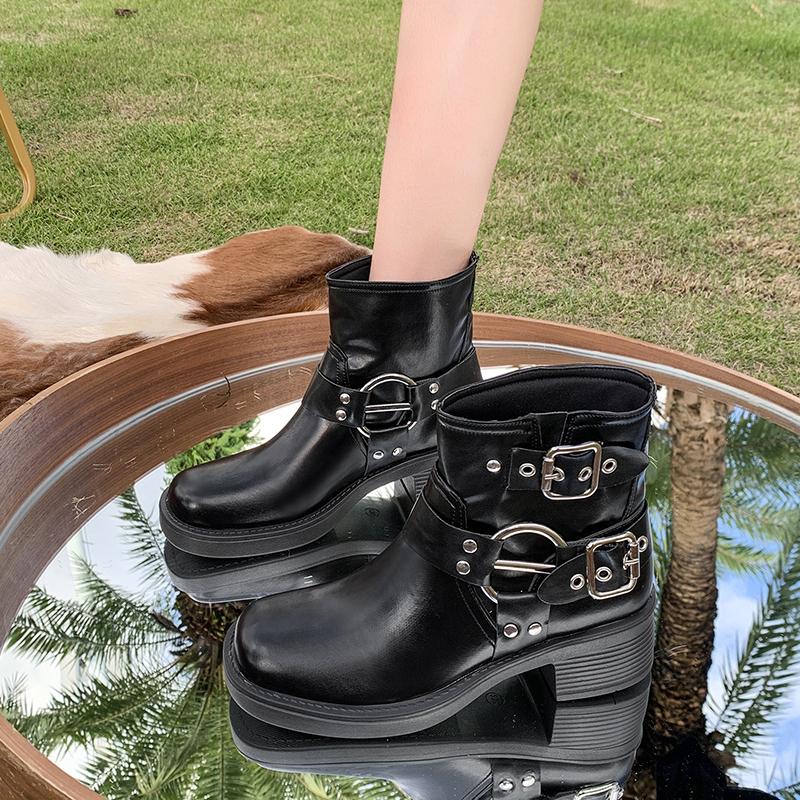 Fashion Vintage Woman Western Cowgirl Boot Fashion Belt Buckle Short Booties Autumn Winter Thick Heel Girl Shoes