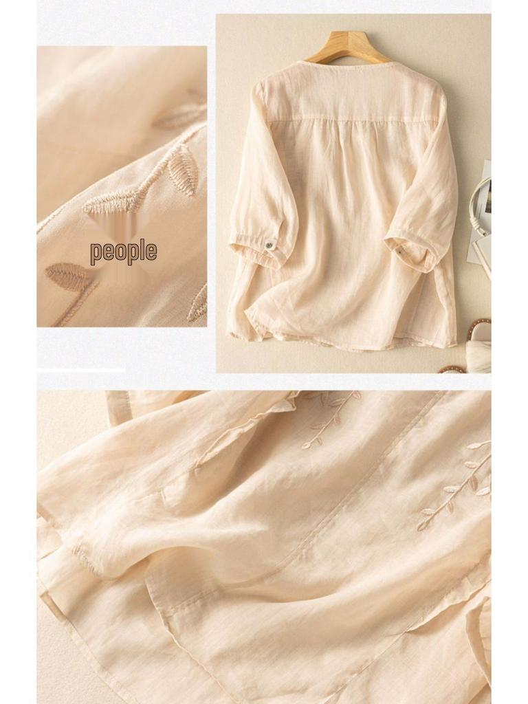 Women's Retro Embroidered Cotton & Linen Top - Loose Fit, Versatile, 2024 Summer Collection