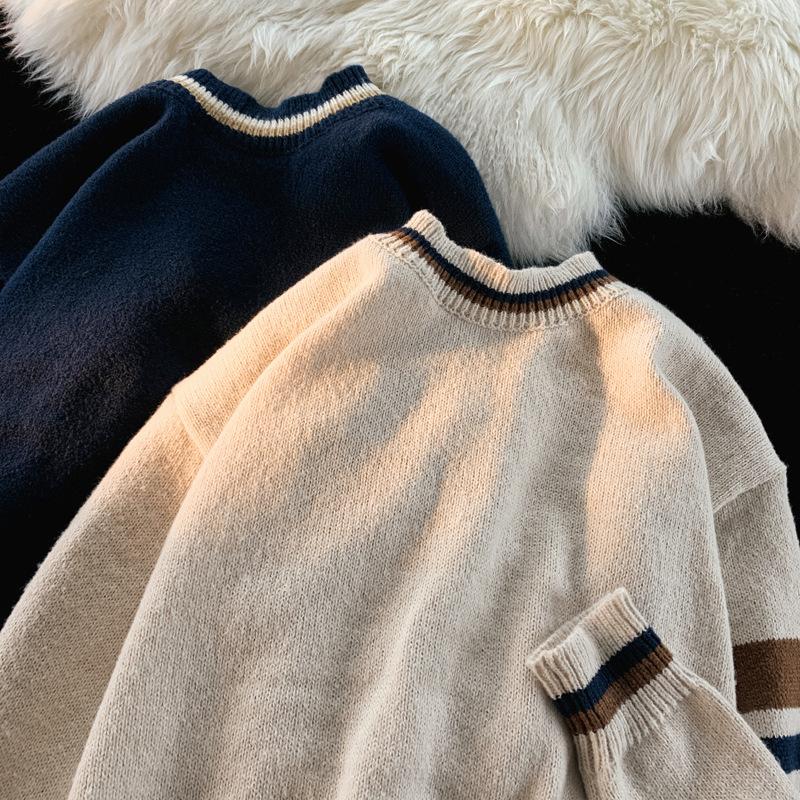 Autumn and winter simple color-blocked pullover sweater for men versatile round neck sweater ins Harajuku style loose student sweater