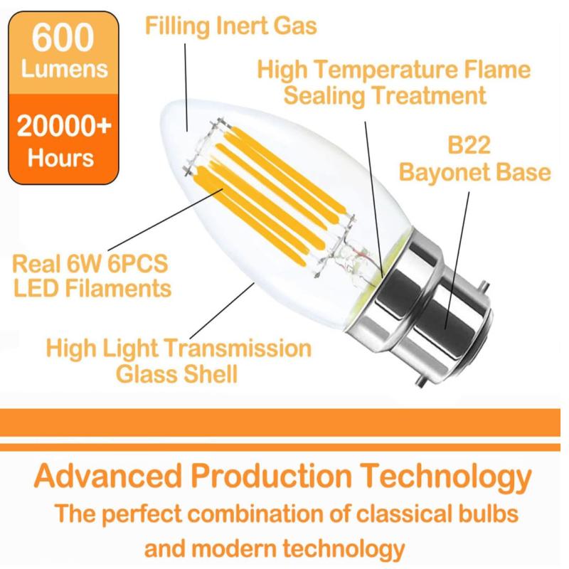 B22 Bayonet LED Bulb Filament Candle Light Bulb Warm White C35 Shape Bullet Top Incandescent Equivalent Non-dimmable