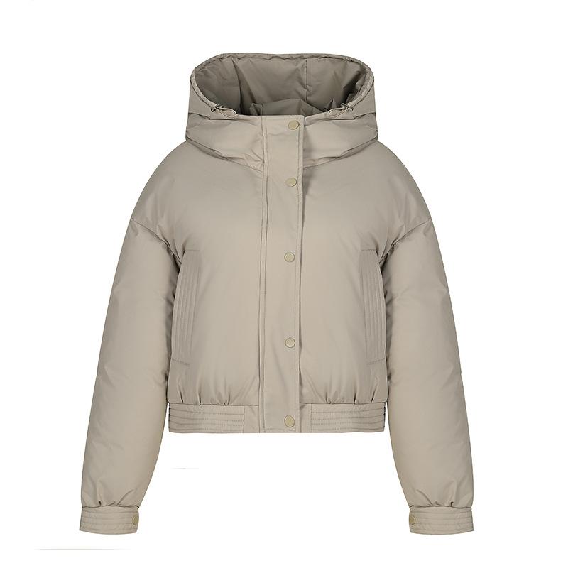 Women's Autumn and Winter Solid Color Padded Thickened Short Standing Collar Zipper Hooded Warm High Waisted Loose Bread Clothes Outerwear