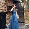 Summer blue fog love French denim dress women's summer niche design sense waist temperament suspender dress