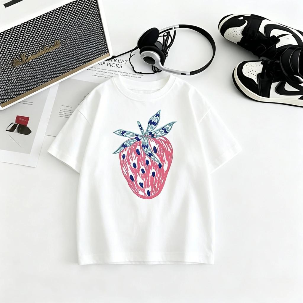 2026 Hot Sale Kids Short Sleeve T Shirt With Strawberry Tomato And Lemon Prints Loose Thin Style Soft Fabric Casual Tees Kid Top