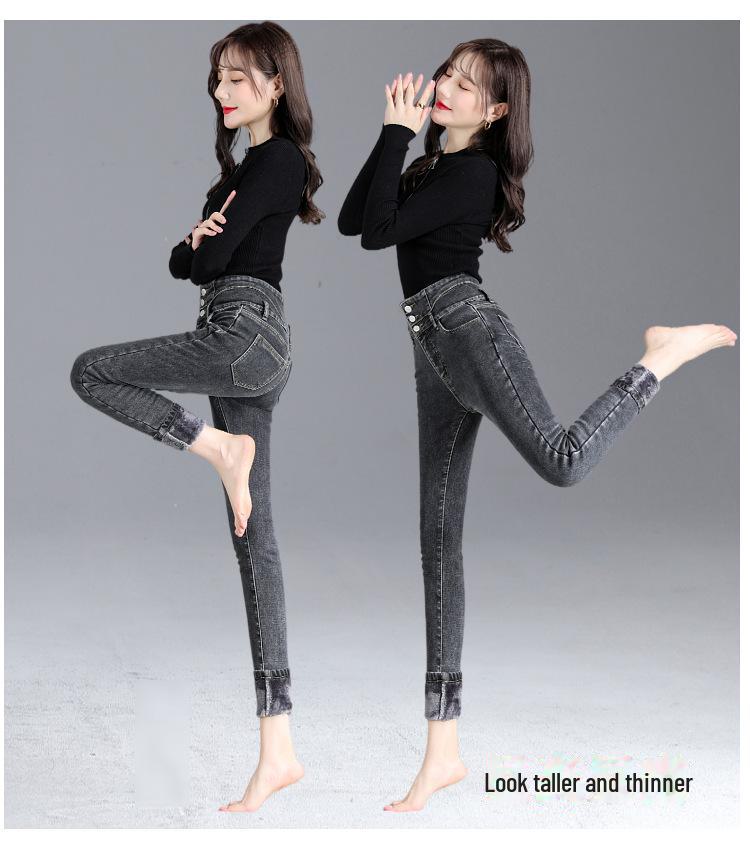 High-Waisted Fleece-Lined Skinny Denim Leggings with Multiple Buttons for Women - Perfect for Autumn & Winter
