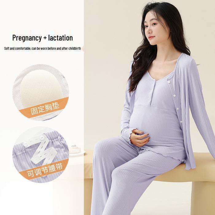 Modal Maternity Pajamas: 3-Piece Autumn Set with Breast Pads, Postpartum Nursing, Belly Comfort, Summer Wear.