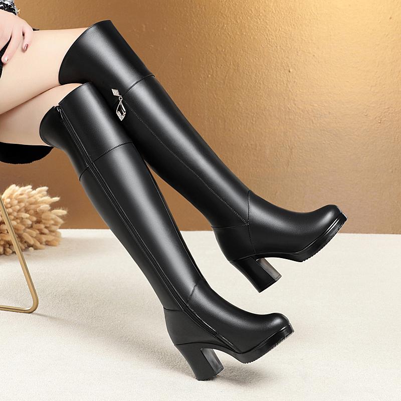 Fashion GKTINOO Women's Over The Knee Boots Natural Wool Genuine Leather Women Winter Boots Warm High-heel Women Motorcycle Boots