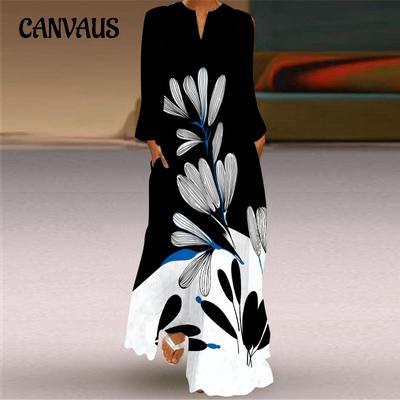 Plus Size Primavera Verão Feminino Retro Borboleta Estampa Vestido Longo Decote Em V Manga Comprida Plug Pocket Vestidos