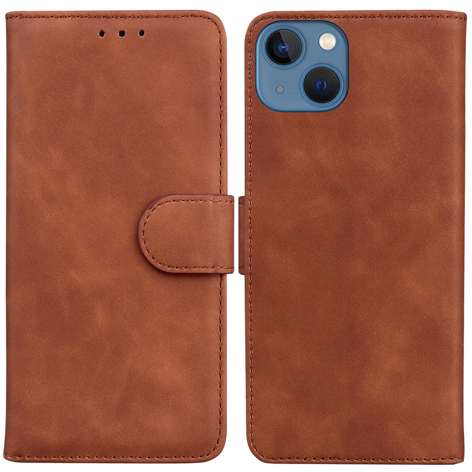 

For iPhone 15 Plus Solid Color Mobile Phone Cover Dustproof Phone Case Stand PU Leather Wallet Brown