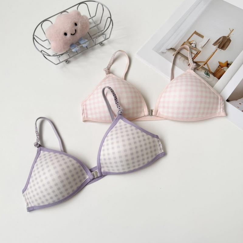 Japanese Girls Plaid Contrasting Color Front Buckle Underwear Women's No Steel Ring Small Breasts Gather and Show Big Upper Support Sub-breasts Bra