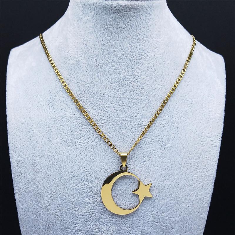 HNSP Turkey Star Moon Stainless Steel Pendant Chain Necklace For Men Women Zircon Accessories