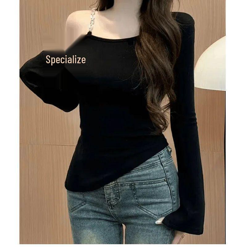 

Plus Size Off-Shoulder Long Sleeve Slit Top - Slimming and Flattering Autumn Base 3XL чорний