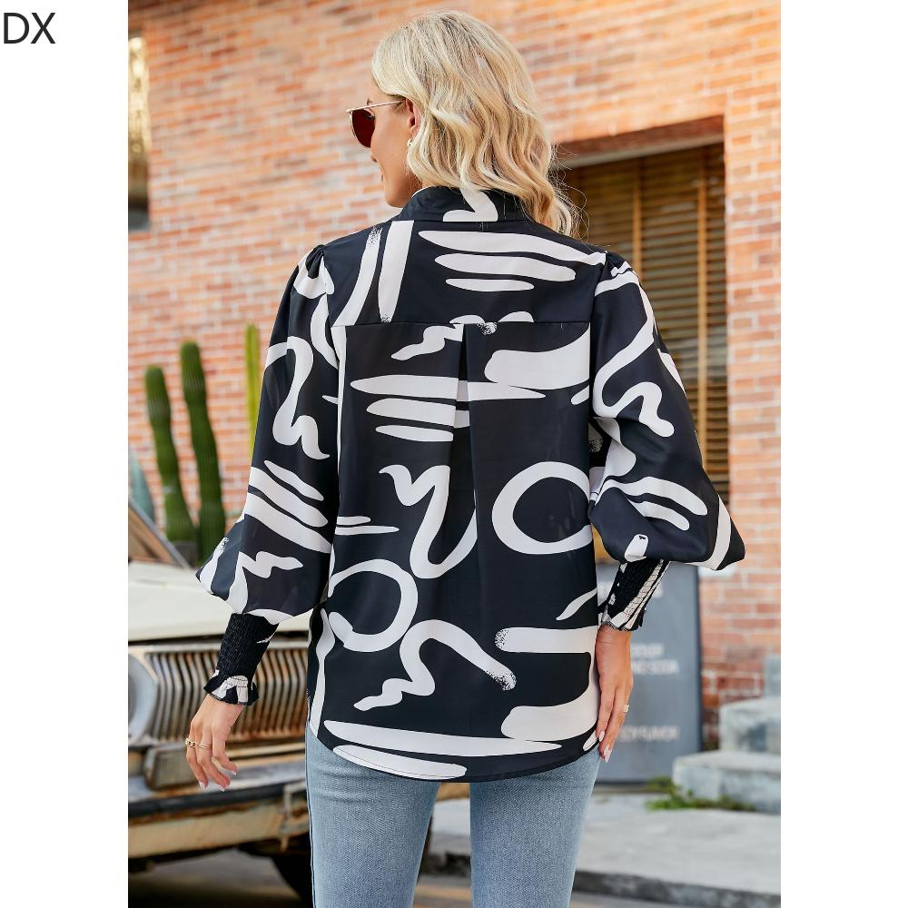 DX2018-8127 # - New Top Casual Print Bubble Shoulder Lantern Long Sleeve Shirt Women