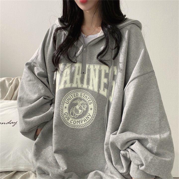 Graphic Hoodies Baggy Tops Grey with Zipper Sweatshirts for Women Full Zip Up Hooded Loose Female Clothes Pullovers
