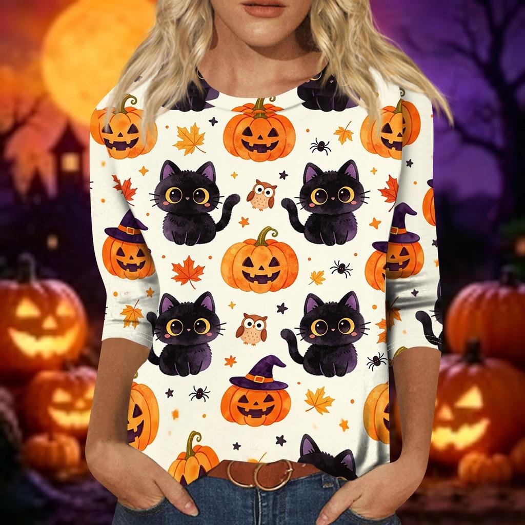 Women's Casual Halloween Print 3/4 Sleeve Round Neck Top Lightweight Soft Fabric Pullover Shirt for Everyday Wear