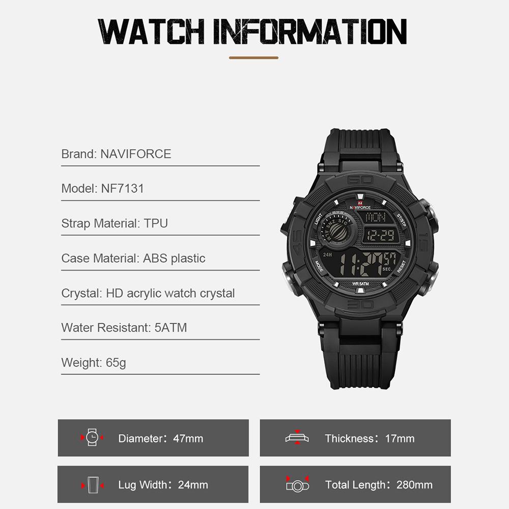 Naviforce Men LCD Watch Ditital Movement Lightweight Silicone Strap 50m Waterproof Calendar Date Alarm Night Pattern Boy Gift Watch NF7131