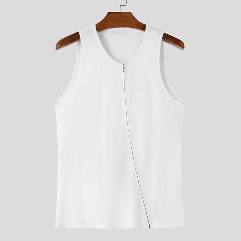Men s New Solid Color Vest Summer Fashion Slim Fit Diagonal Zipper Sleeveless Top S белый