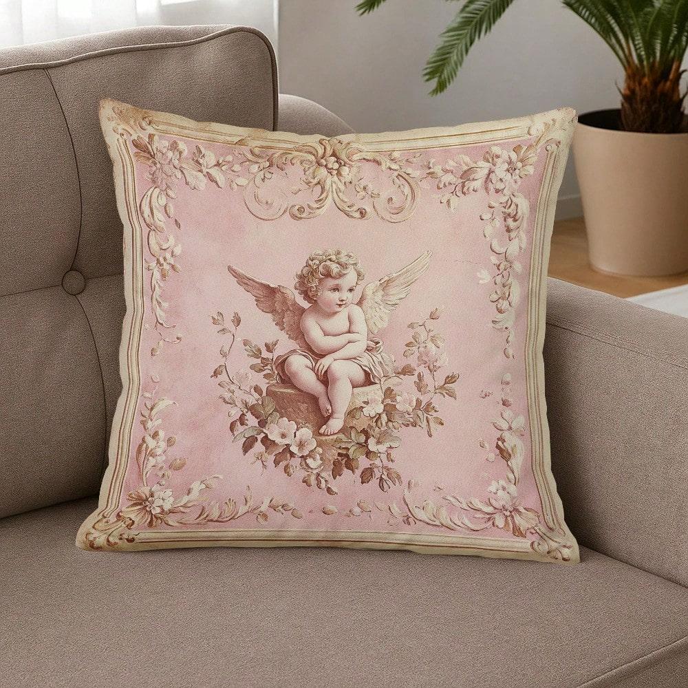 1 Pezzo Federa Elegante Stile Francese Angelo Putto Rosa Ala d'Angelo Stampa Floreale Chiusura a Zip Lusso Pastello Federa per Cuscino per Divano Letto