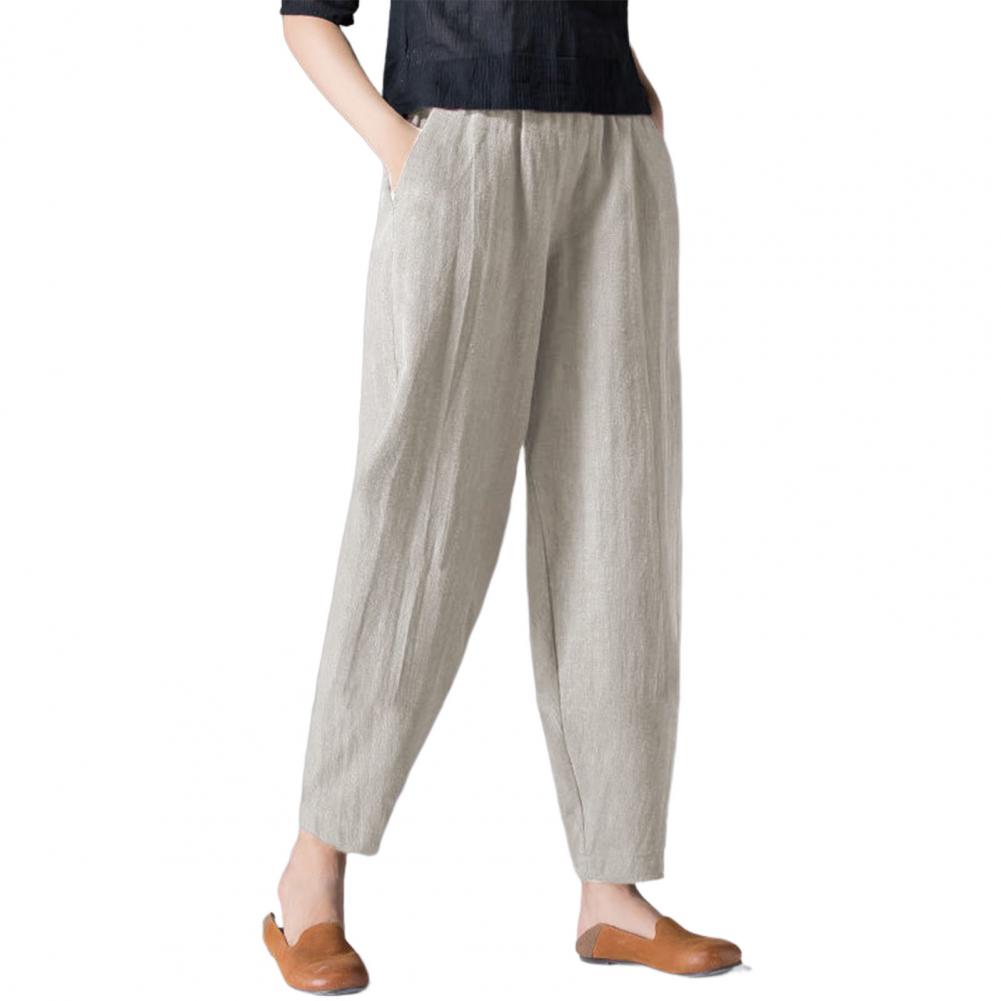 

Женские длинные брюки с карманами, эластичный пояс, широкие брюки, повседневная одежда, темперамент, женская мода, свободные льняные брюки 4XL хаки