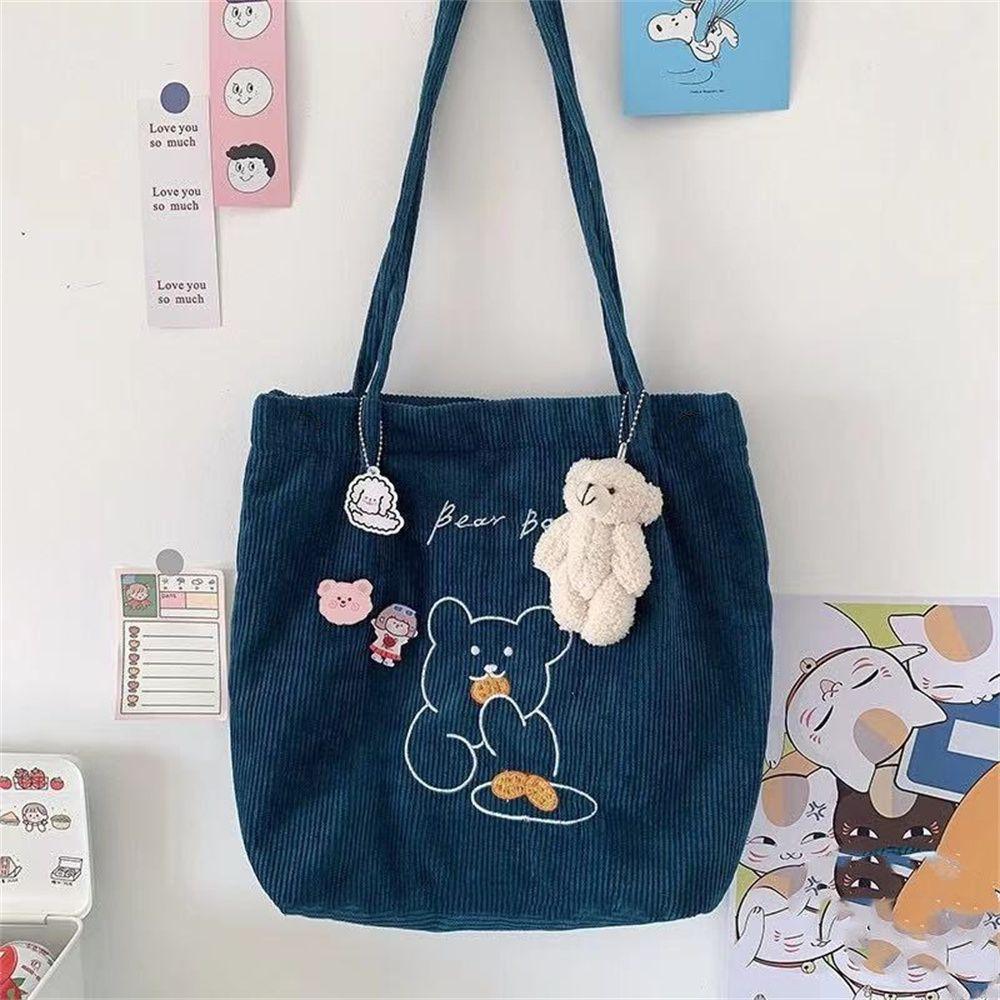 Women Corduroy Shoulder Bag Bears Embroidery Striped Canvas Handbag Eco Cloth Tote Cute Soft Shopping Bags For Ladies Animal Bag