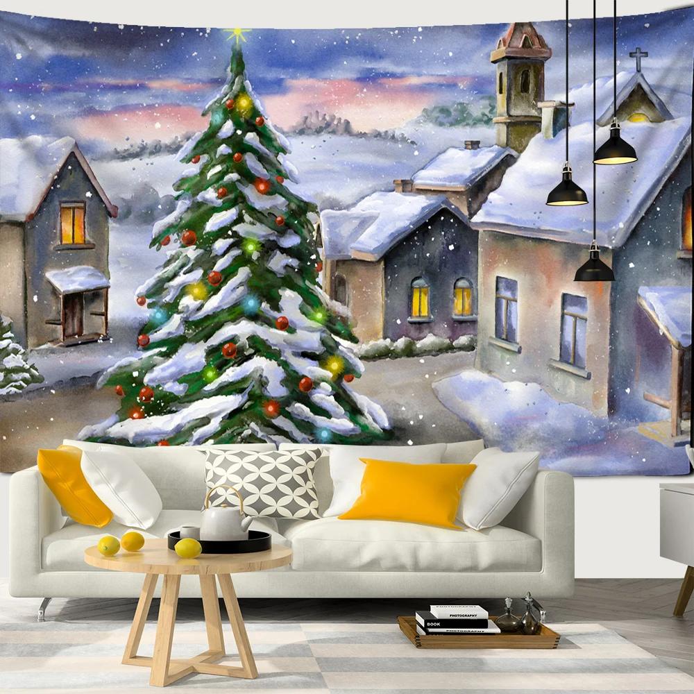 New Year Christmas Decoration Snow House Nature Cat Tapestry Kawaii Decor Wall Hanging Psychedelic Hippie Aesthetic Home Decor