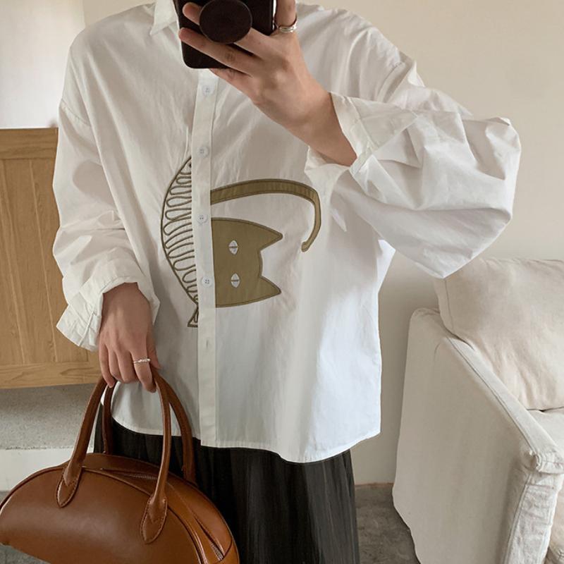 

Мультяшная вышитая рубашка с кошкой для женщин, с длинным рукавом, летний новый топ, свободная повседневная женская рубашка one size