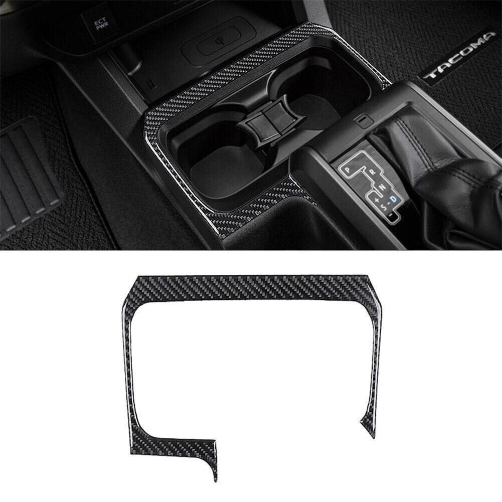 For Toyota Tacoma 16-22 Carbon Fiber Interior Floor Console Cupholder Cover Trim