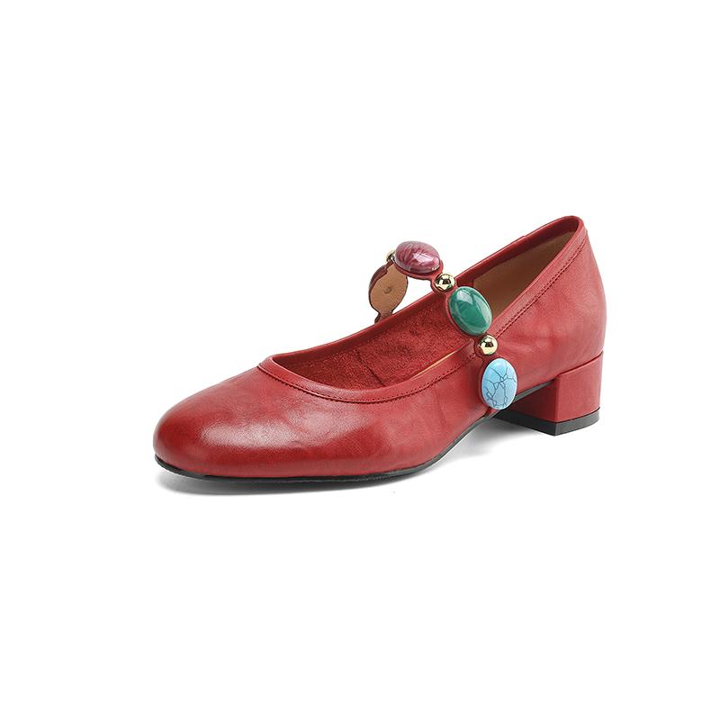 

Fashion New Spring/summer Round Toe Women Pumps Chunky Heels Genuine Leather Mary Jane Shoes for Women Ladies Shoes Zapatos De Mujer 40 красный
