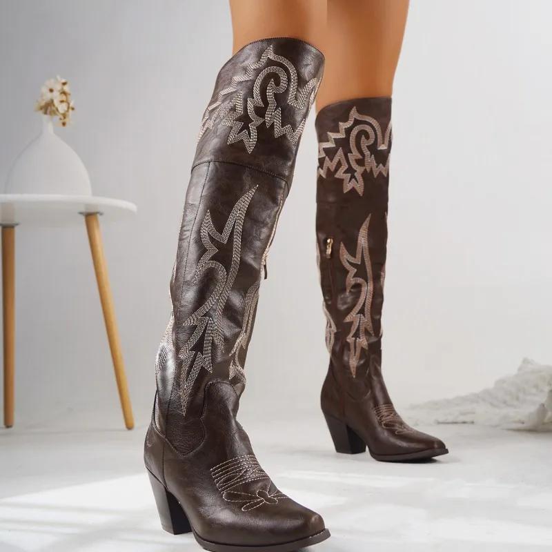 Dámské boty 2024 Nové Vyšívání Dámské kozačky Módní vyšívání Moderní kozačky Dámské Sexy špičaté boty nad koleno Dámské