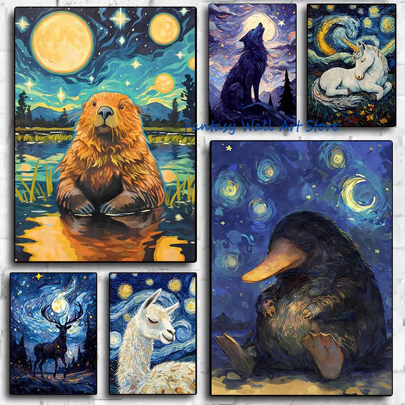 Sternennacht Tiere Katze Biber Bober Schnabeltier Hirsch Retro Niedlich Tier Poster Leinwand Malerei Wandbilder Heimzimmer Dekor