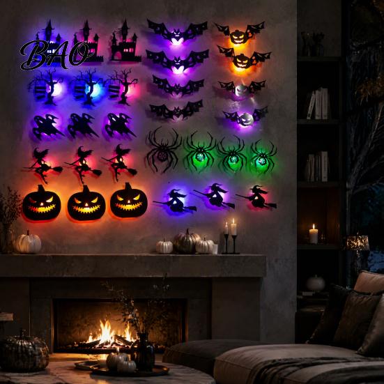 Haunted House Theme Decor 30Pcs Halloween Wall with LED Light, Glowing Bat Ghost itch Festive Decals Spider Silhouette Decoration, Spooky Light-Up
