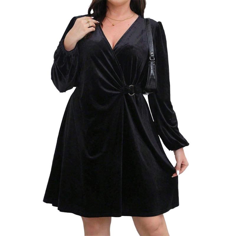 

Женское платье с v-образным вырезом и длинными рукавами и высокой талией, элегантное темпераментное модное пригородное платье размера плюс, тонкое черное праздничное платье 2XL чёрный