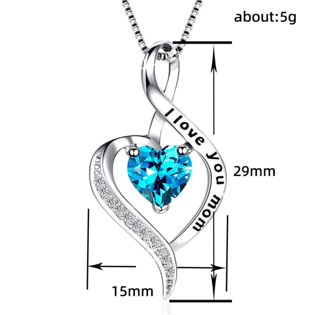 I Love You Mom Engraved Heart Pendant Necklace with Blue Center Stone and Sparkling Accent Sentimental Mother Jewelry for Women