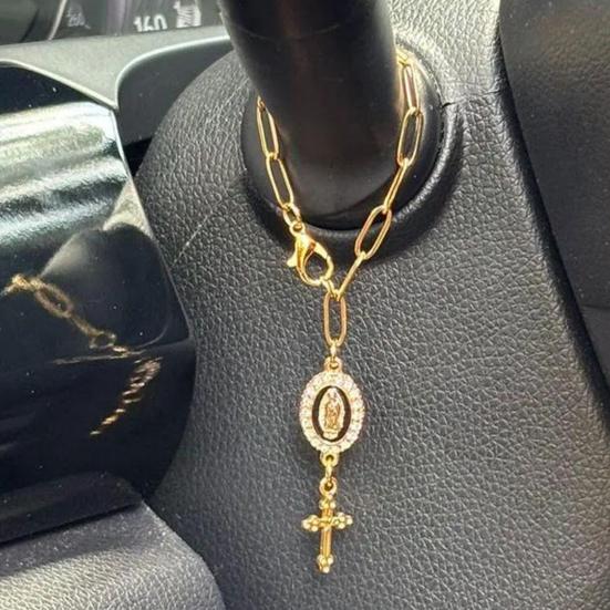 Steering Wheel Rosary Pendant Charm Catholic Rosary Hanging Pendant Virgin Mary Cross Hanging Accessory