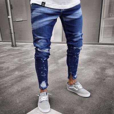 Fashion Denim Pencil Pant Men Ripped Hole Zipper Jeans Casual Stretch Skinny Jeans