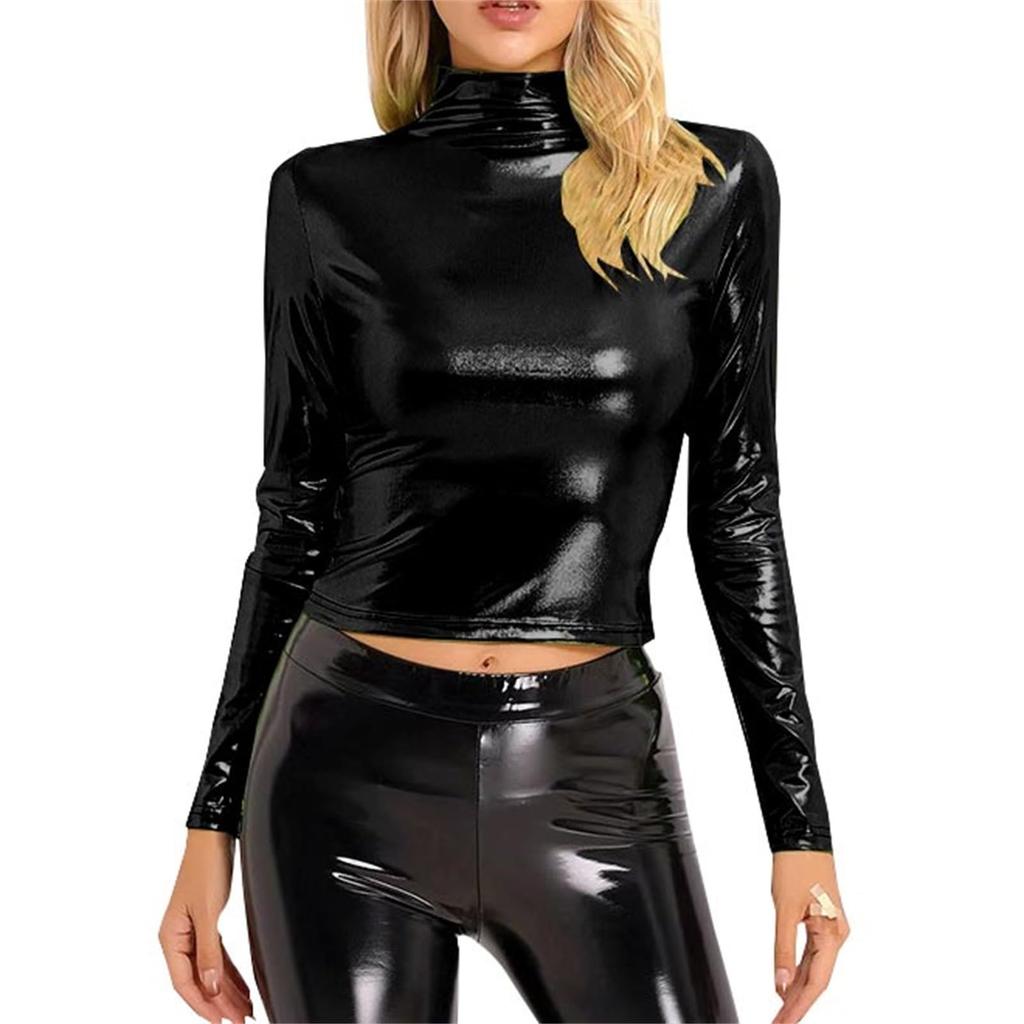 Women's Fashionable Color High Neck Long Sleeved Exposed Navel Sexy Tight Fitting Performance Outfit Top