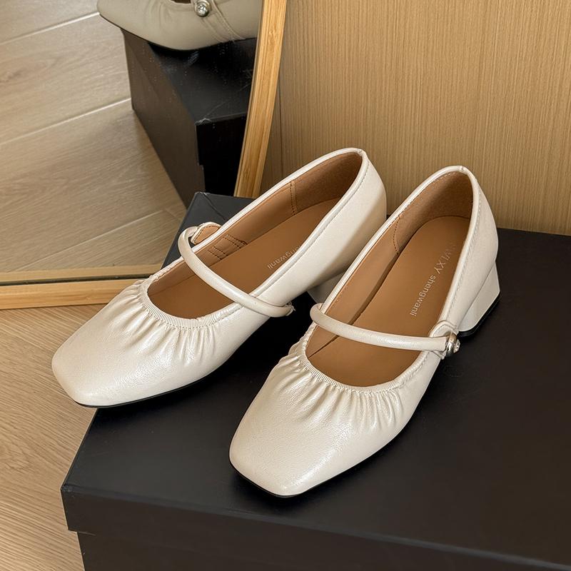 

Lovely Pumps for Women Slip on Square Mid Heels Square Toe Shoes for Women Solid Leather Square Buckle Mary Jane Shoes Woman 35 бежевый
