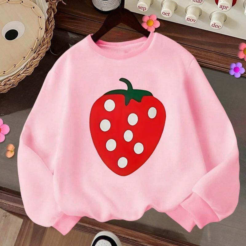 Kids Crewneck Sweatshirt, Cute Strawberry Print Long Sleeve Pullover, Autumn Winter Casual Tops