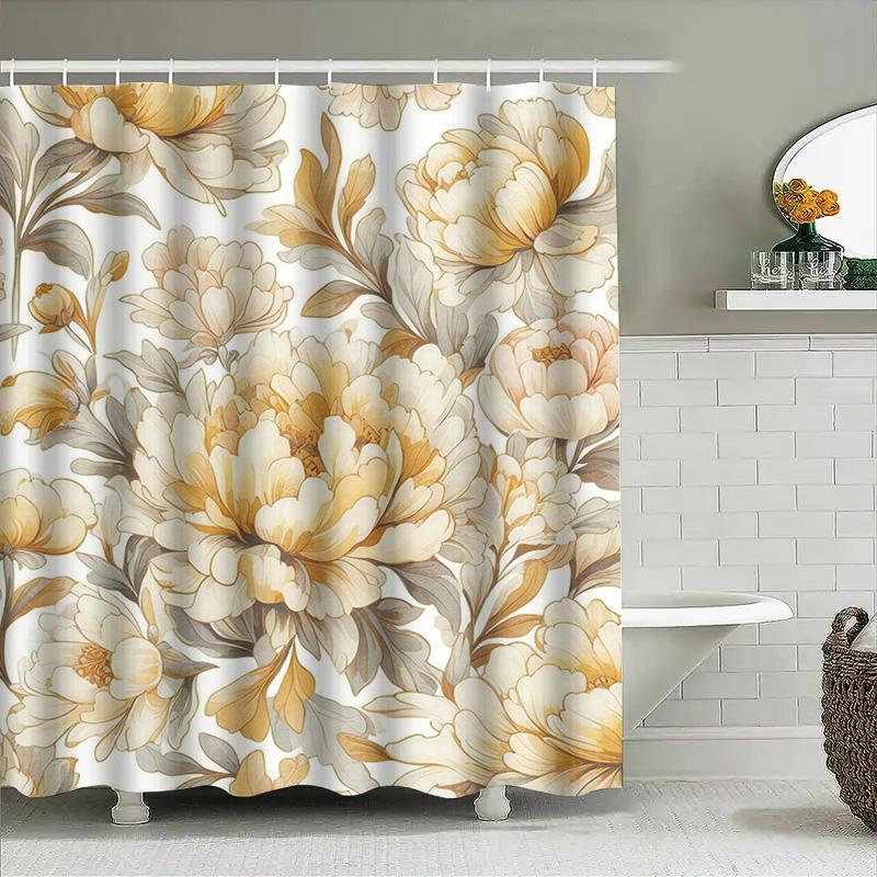 Luxuriöser Vintage-Duschvorhang mit Blumendruck, wasserdicht, Badezimmerdekor, Weiß, Gelb, Gold, Bunt, Künstlerisches Design, Wandbehang, Dec