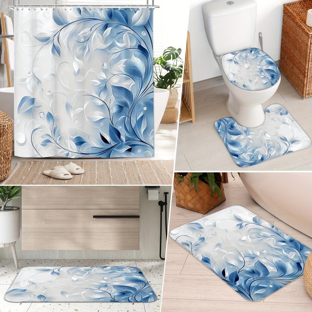 4Pcs Leaf Pattern Shower Curtain Set with Non-Slip Bath Mat, Toilet Lid Cover, Contour Rug & 12 Hooks, Bathroom Decor