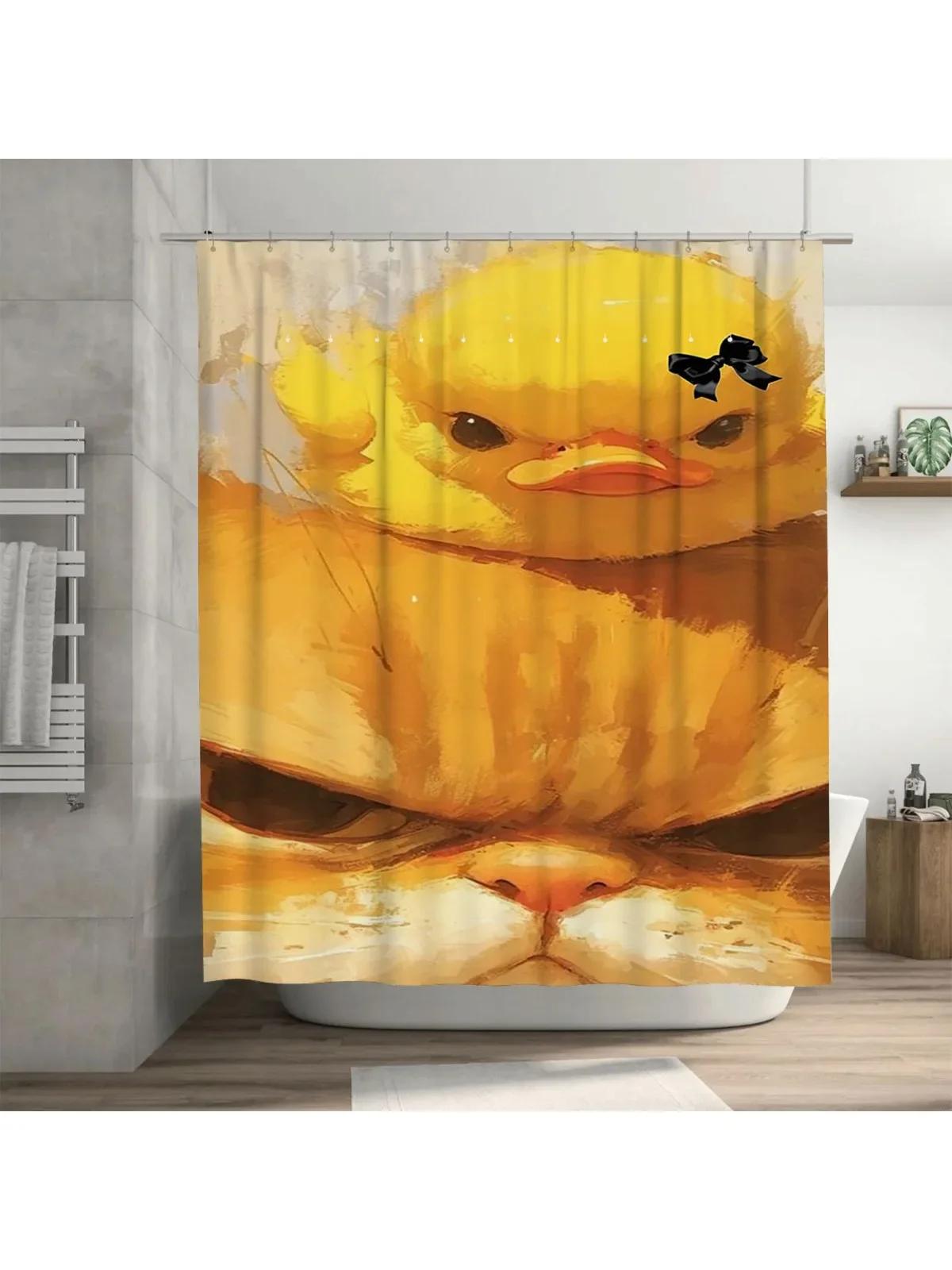 

Cute Duck and Cat Waterproof Shower Curtain Heat Resistant Machine Washable Non-Transparent 180x180cm W90xH180cm