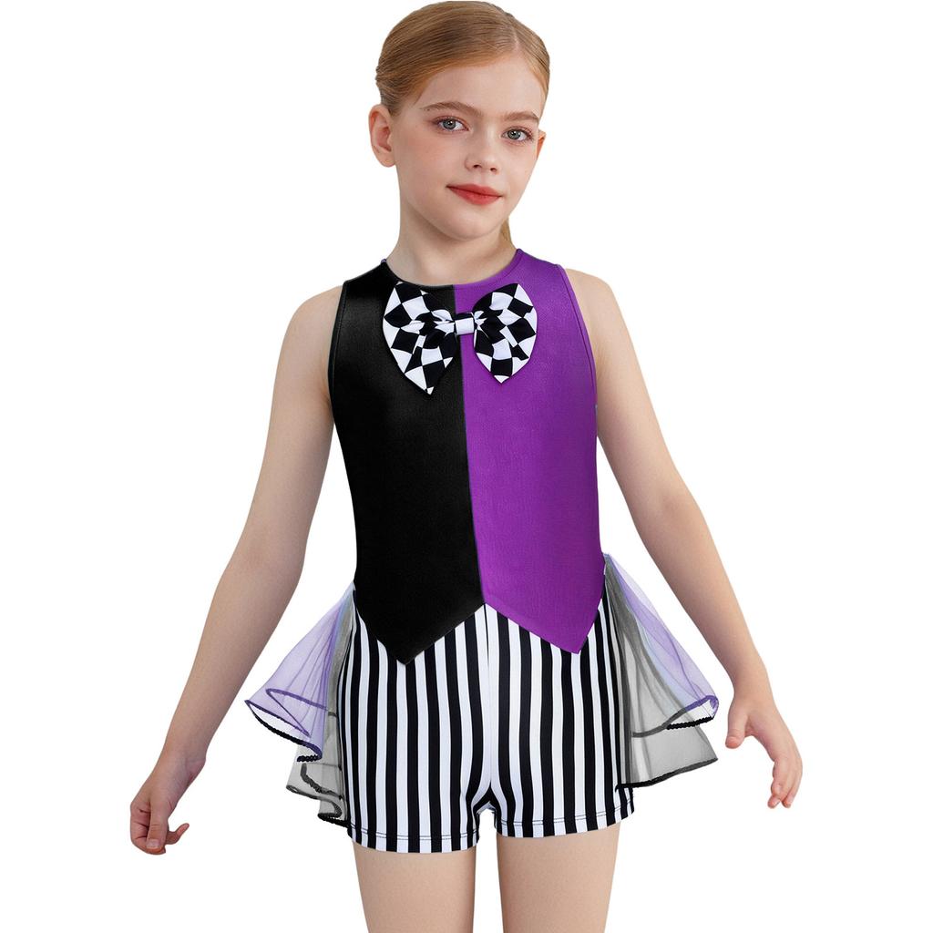 Girls Mad Costume: Sleeveless Stripes Checkerboard Bow Knot Tutu Bodysuit for Fairytale Tea Party Dress Up