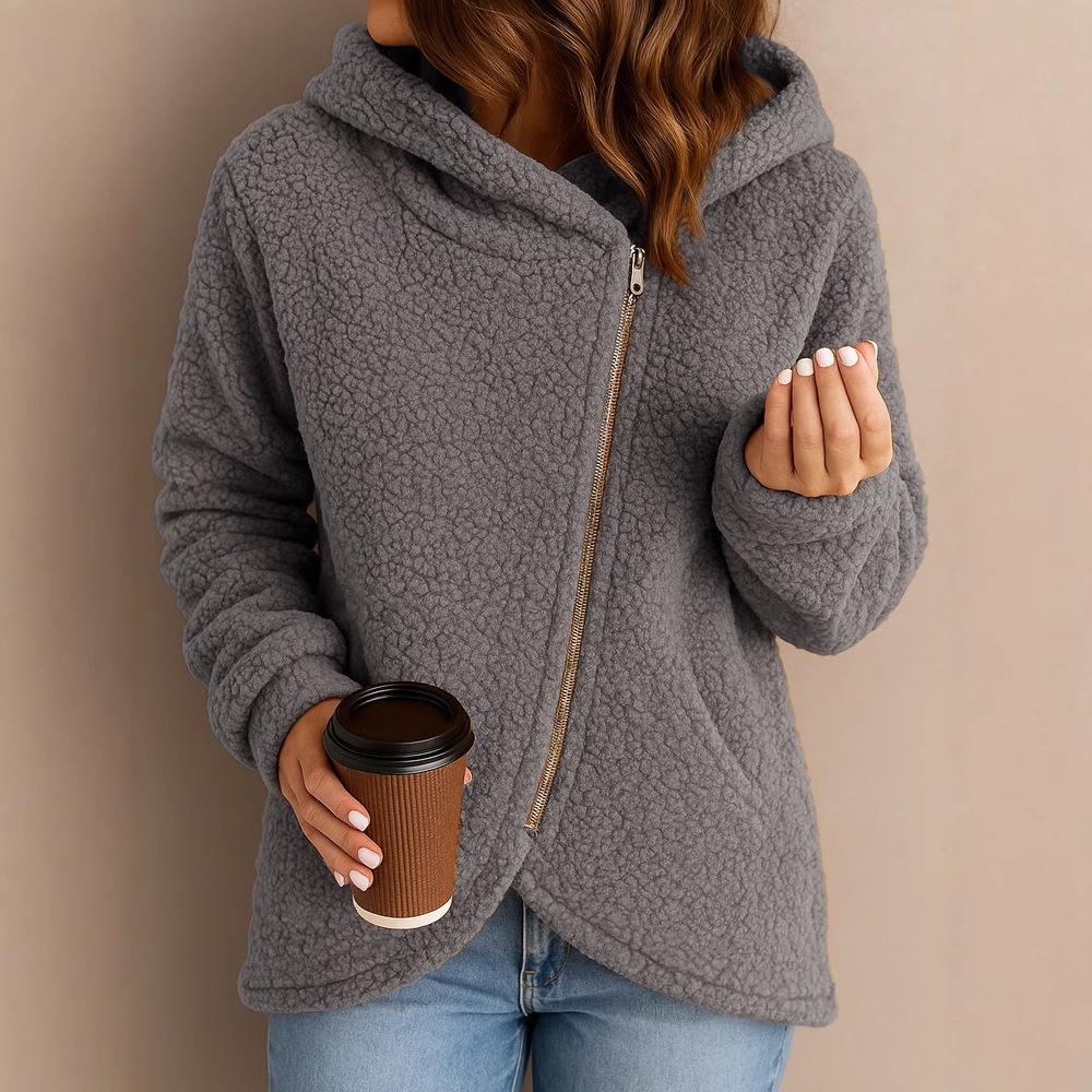 Women's Loose Fashion Lambswool Long Sleeve Zippered Hooded Sweatshirt Jacket