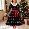 Women Christmas Print Midi Dress, Long Sleeve V‑Neck Furry Trim A‑Line Party Dress, Christmas Limited Edition