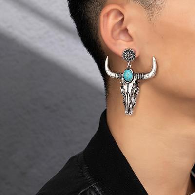 European and American Retro Western Cowboy Style Bull Head Dangle Earrings with Turquoise Inlay